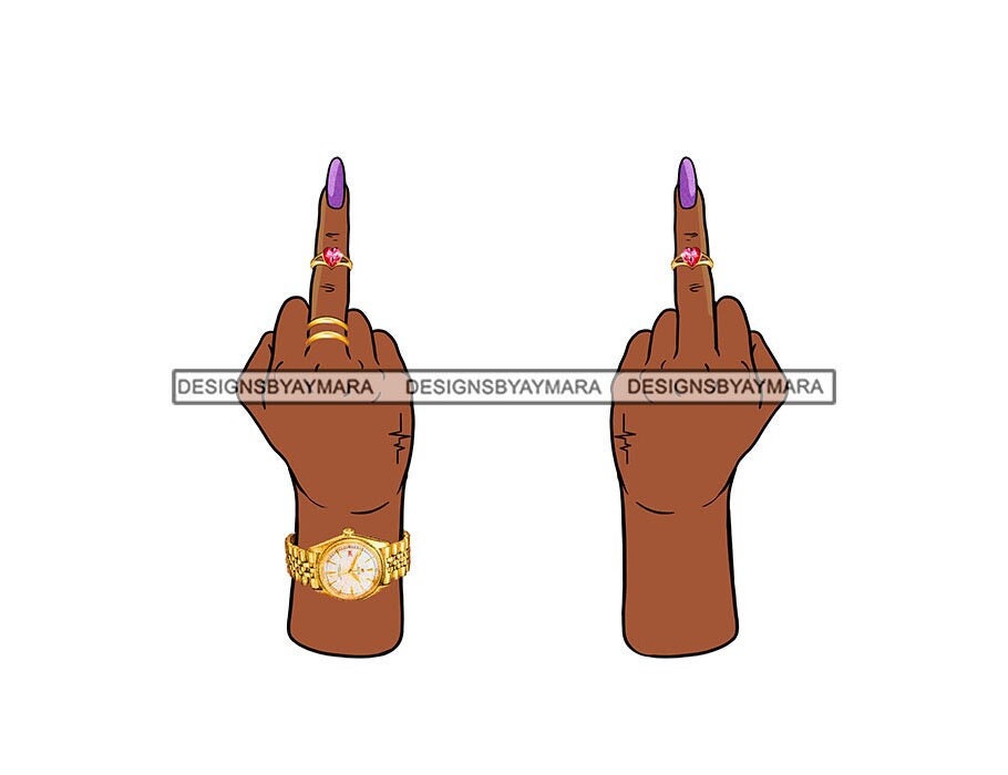 Black Woman Arms Hands Pointing Middle Finger Gold Rings Watch Long Fingernails Illustration Graphic SVG PNG JPG Cricut Cutting Design Print