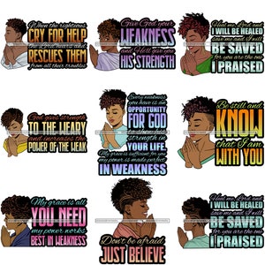 Bundle 9 Afro Woman God Quotes Lord Prayer Asking Begging Pray Religion Faith Church Nubian Lady SVG PNG Vector Clipart Circuit Cut Cutting