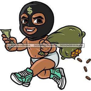 Hustler Gangster Toddler Baby Boy Ski Mask Holding Money Bags Running Burglar Cash Grind Rap Hip Hop SVG PNG JPG Cutting Design Print Cricut