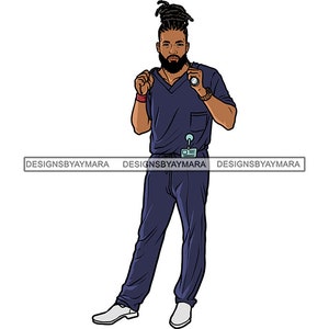 Bearded Black Man Dread Locs Blue Scrubs Doctor Nurse Medical Hospital Badge Stethoscope Graphic SVG PNG JPG Cutting Designs Print Cricut