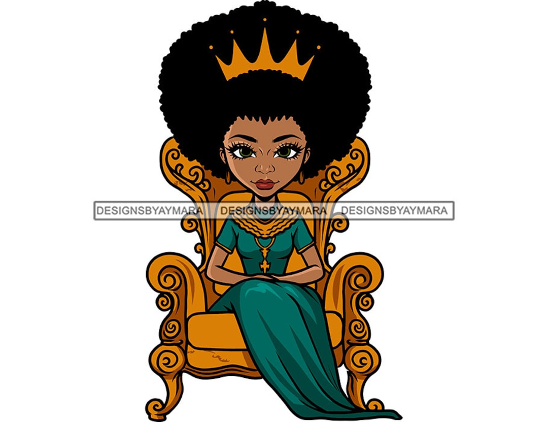 African Queen Cartoon Character Sitting Throne Royal Woman Royalty Afro
