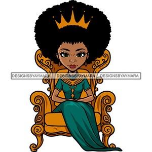 African Queen Cartoon Character Sitting Throne Royal Woman Royalty Afro Hairstyle Gold Crown Boss SVG PNG JPG Cutting Designs Print Cricut