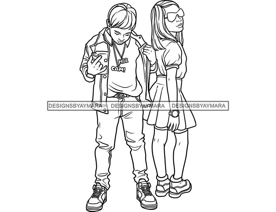 Brother and Sister Modeling Fashion Clothes Coloring Image for Childrens Kid-friendly Art SVG PNG JPG Cutting Vector Designs Print Cricut