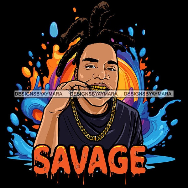 Savage Ghetto Man Showing Gold Teeth Grill Chain Dreadlocks Hair African American Male Hood SVG PNG JPG Cutting Vector Designs Print Cricut