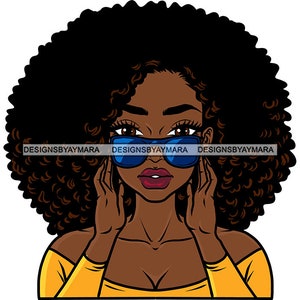 Black Woman Female Big Afro Blue Sunglasses Hands Head Shoulders Big Eyes Low Cut Gold Top  Graphic SVG PNG JPG Cutting Designs Print Cricut