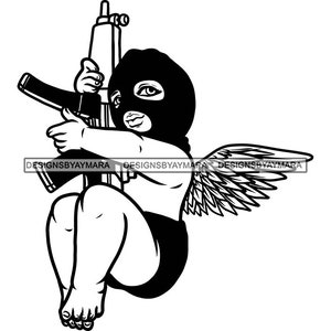 May include: Black and white illustration of a cherub holding a rifle with wings. The cherub is wearing a black mask.