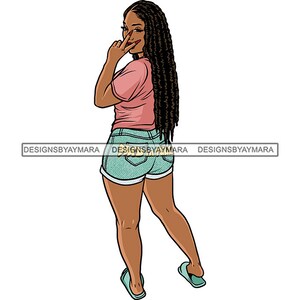 Black Female Long Locs Blue Jean Shorts Pink T-Shirt Slides Slippers Peace Sign Fingers Backview  SVG PNG JPG Cutting Designs Print Cricut