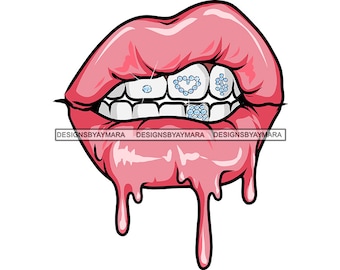 Dripping Pink Pair Lips Grill Heart Dollar Sign Diamond Tooth Jewelry Teeth Gems Mouth Wet Juicy SVG PNG JPG Cutting Designs Print Cricut
