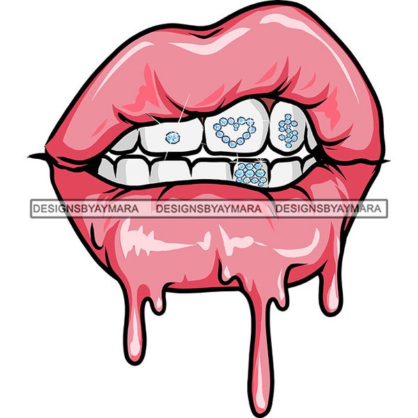 Dripping Pink Pair Lips Grill Heart Dollar Sign Diamond Tooth Jewelry Dents Gems Mouth Wet Juicy SVG PNG JPG Cutting Designs Print Cricut