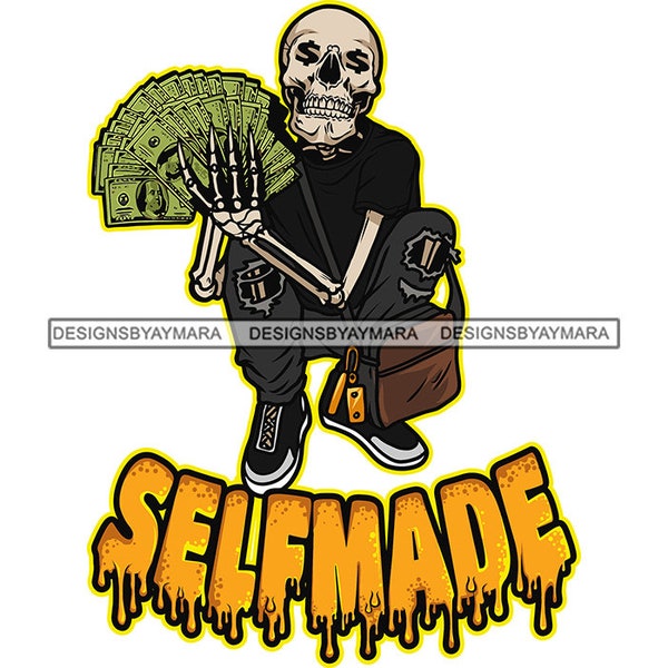 Self-Made Skull Man Cartoon Character Money Stack Hustler Grind Skeleton Death Tattoo SVG PNG JPG Cutting Designs Print Cricut Sublimation