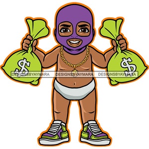 Gangster Toddler Baby Boy Carrying Money Bags Purple Ski Mask Diapers Gold Chain Hustler Grind  SVG PNG JPG Cut Cutting Designs Print Cricut
