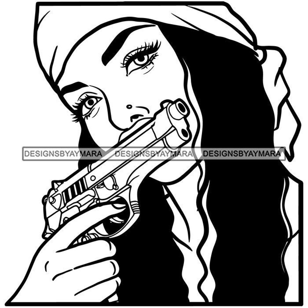 Woman Wearing Bandanna Pointing Hand Gun Pistol Bullet Artillery Ammunition Hardware Outline ...