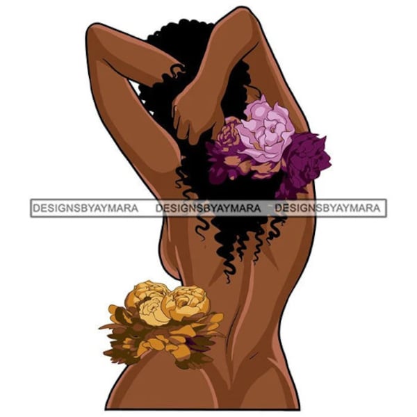 Long Hair Nude Black Woman Arms Crossed Behind Back Purple Flowers Portrait Female Beauty Body Illustration Vector SVG PNG JPG Cutting Files