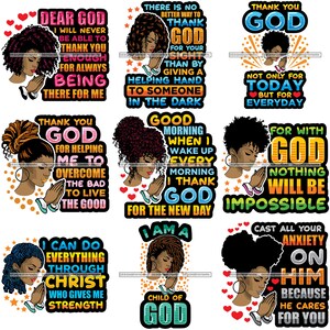 Bundle 9 Afro Woman God Quotes Lord Prayer Asking Begging Pray Religion Faith Church Nubian Lady SVG PNG Vector Clipart Circuit Cut Cutting