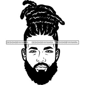 Bearded Man Dread Locs Head Only Face Hair Bun Outline Black White Thick Eyebrows Male Graphic SVG PNG JPG Cutting Designs Print Cricut