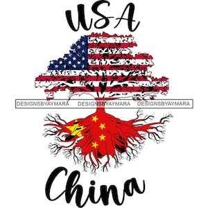May include: A tree with roots in the shape of the Chinese flag and a crown in the shape of the American flag. The text "USA" is above the tree and "China" is below the tree.