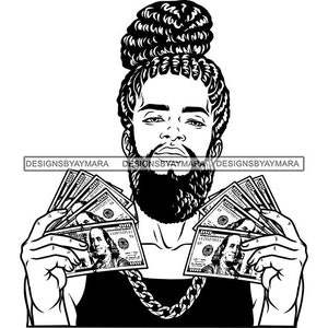 Hustler Melanin Black Man Portrait Money Cash 100 Dollar Bill Franklin Grind Locs Dreads Hair Bun SVG PNG JPG Cutting Designs Print Cricut