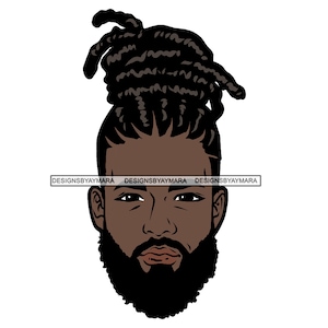 Handsome Black Bearded Man Dread Locs Dreadlocks Hair Face Hair Bun Thick Eyebrows Male Stern Eyes SVG PNG JPG Cutting Designs Print Cricut