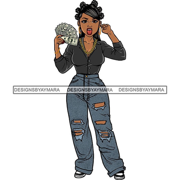 Hustler Woman Holding Money Spread Bantu Knots Hair Tongue Out Ripped Fashion Jeans Ghetto Girl Hustling SVG PNG JPG Cut Design Print Cricut