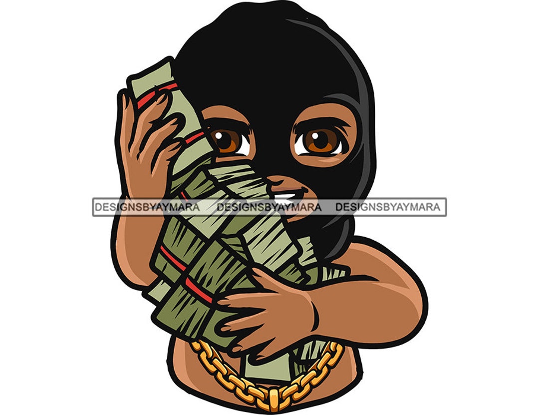 Hustler Gangster Toddler Baby Boy Ski Mask Holding Money Stacks Cash Gold Chain Grind Rap Hip