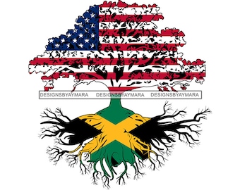 Raíz del árbol Jamaica Bandera Banderas Estados Unidos EE. UU. País Nacional Jamaica Cultura estadounidense Patriotismo SVG PNG Jpg Diseño de corte Imprimir Cricut