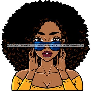 Brown Woman Female Big Afro Blue Sunglasses Hands Head Shoulders Big Eyes Low Cut Gold Top  Graphic SVG PNG JPG Cutting Designs Print Cricut
