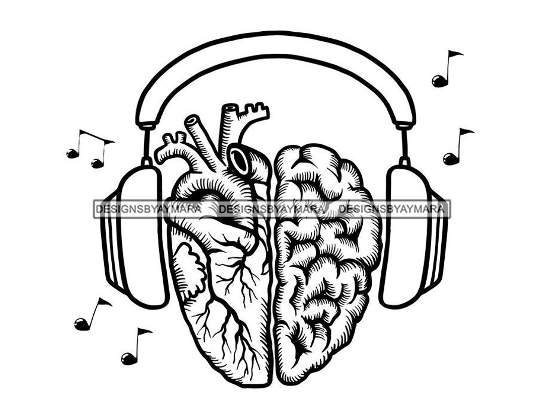 Auriculares en el corazón humano Latido del corazón Escala Notas Sonidos  Música Audio Escuchar Auriculares Dibujos animados Ilustración Vector SVG  PNG ..., image size:1080x831