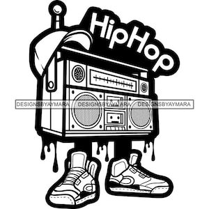 Hip Hop Boombox Rádio Personagem de desenho animado usando chapéu de beisebol tênis retrô velha escola vintage música rap SVG PNG JPG corte design impressão cricut