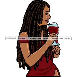 Tanned Female Woman Glass Red Wine Sip Long Dread Locs Hair Burgundy Dress Talking Illustration SVG PNG JPG Cutting Designs Print Cricut