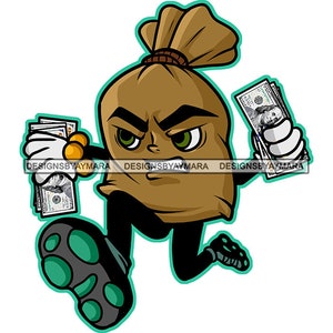 Money Bag Cartoon Character Running Holding Cash 100 Dollar Bill Franklin Hustler Grinding Grind SVG PNG JPG Cut Vector Designs Cricut Print
