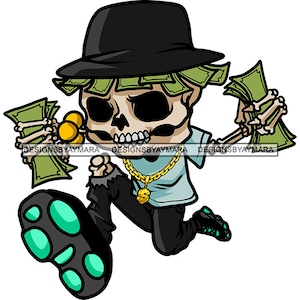 Hustler Skull Man Personagem de desenho animado Correndo Pilha de dinheiro Banco de dinheiro Moagem Morte Esqueleto Tatuagem SVG PNG JPG Corte Designs Imprimir Cricut