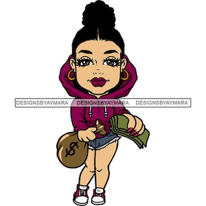 Young White Woman Girl Afro Puff Purple Hoodie Bank Bag Cash Dollar Bills Shorts Earrings Graphic SVG PNG JPG Cutting Designs Print Cricut
