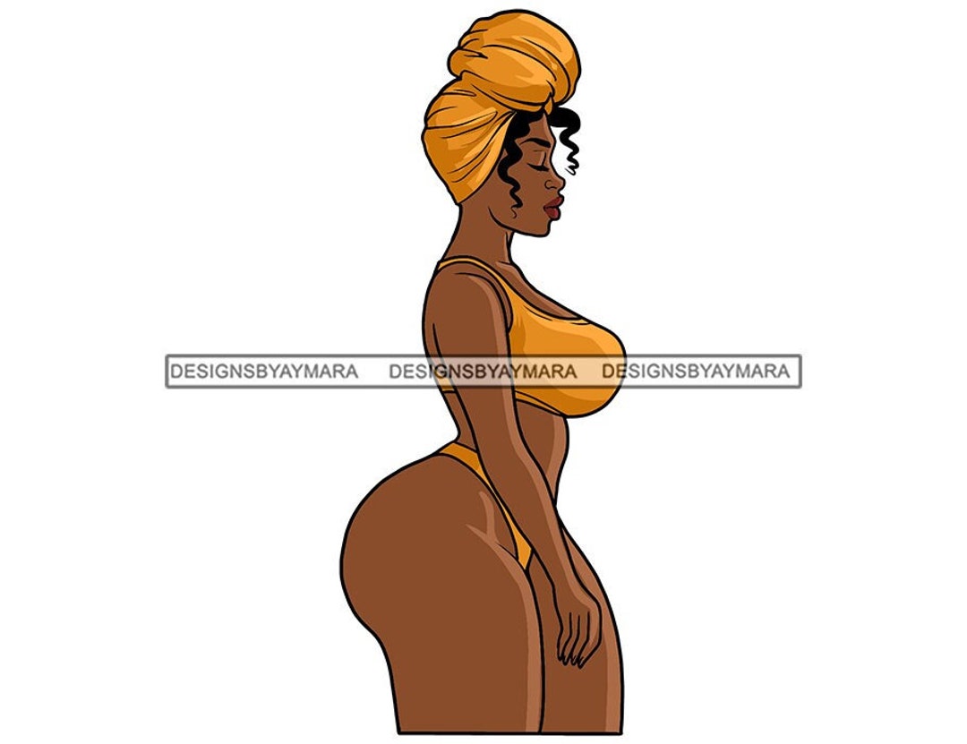Big Hips Large Breast Black Woman Gold Headwrap Bikini Plus