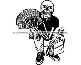 Hustler Skull Man Cartoon Character Money Spread Hustle Grind Skeleton Death Tattoo SVG PNG JPG Cutting Designs Print Cricut Sublimation