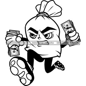 Money Bag Cartoon Character Running Holding Cash 100 Dollar Bill Franklin Hustler Hustling Grind SVG PNG JPG Cut Vector Designs Cricut Print