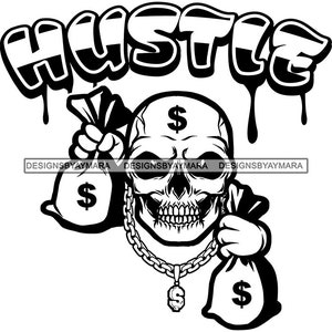 Hustle Skull Man Personagem de desenho animado carregando sacos de dinheiro Hustler Grind Skeleton Death Tattoo SVG PNG JPG Corte Designs Imprimir Cricut Sublimação