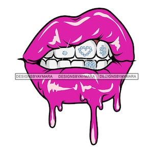 Puede incluir: Labios rosas con brillo goteando y una fila de dientes incrustados con diamantes, incluyendo un diamante en forma de corazón.