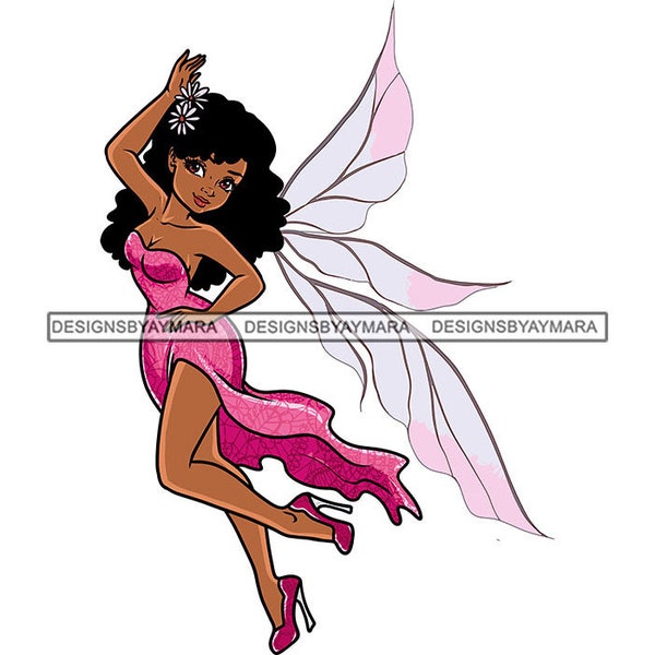 Cute Fairy Young Woman Girl Fantasy Wings Cartoon Nature Fairytale Pink Dress Butterfly Character SVG PNG JPG Cutting Designs Print Cricut