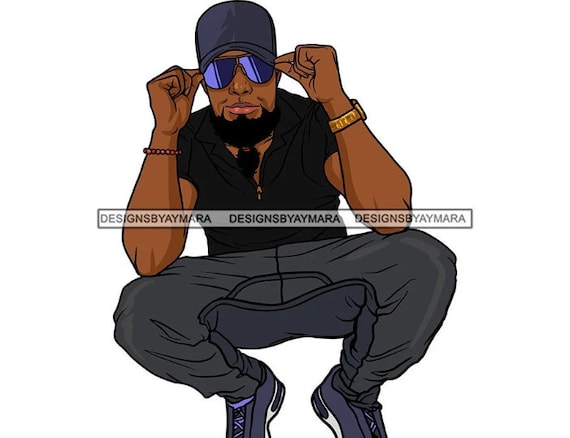 Black Man Kneeling Holding Down Baseball Cap Wearing Sunglasses Wearing  Gray Sweat Suit Illustration Vector SVG JPG PNG Cutting Files