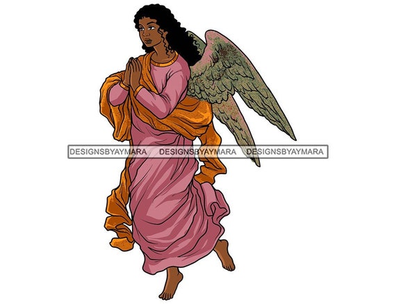 Hermosa Mujer Negra Ángel Alas Doradas Vestido Rosa Dorado Orando Cielo  Volador Arte Ilustración Gráfica Vector SVG PNG JPG Archivos de Corte