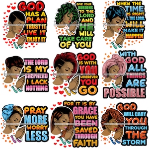 Bundle 9 Afro Woman God Quotes Lord Prayer Asking Begging Pray Religion Faith Church Nubian Lady SVG PNG Vector Clipart Circuit Cut Cutting