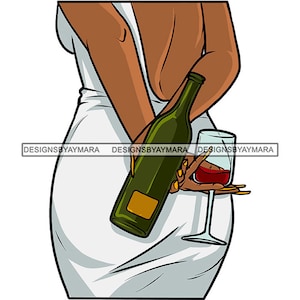 Black Woman Female Holding Green Bottle Red Wine Glass Back View White Dress Illustration Graphic SVG PNG JPG Cutting Designs Print Cricut