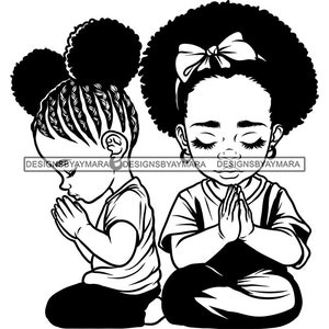 Two Sister Praying God Kneeling Pray Prayers Asking Lord Holy Christian African American Baby Girls SVG PNG JPG Cutting Designs Print Cricut