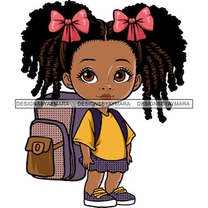 Afroamerikaner Baby Mädchen Kleinkind gehen Schule Rucksack Bücher Locs Pferdeschwanz Haarschleife SVG PNG JPG Schnitt Schneiden Vektor Designs Print Cricut