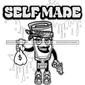 Self-Made Money Rolls Female Cartoon Character Handgun Money Bag Dripping Drip Boss Lady Chain Bandana SVG PNG JPG Cut Designs Print Cricut