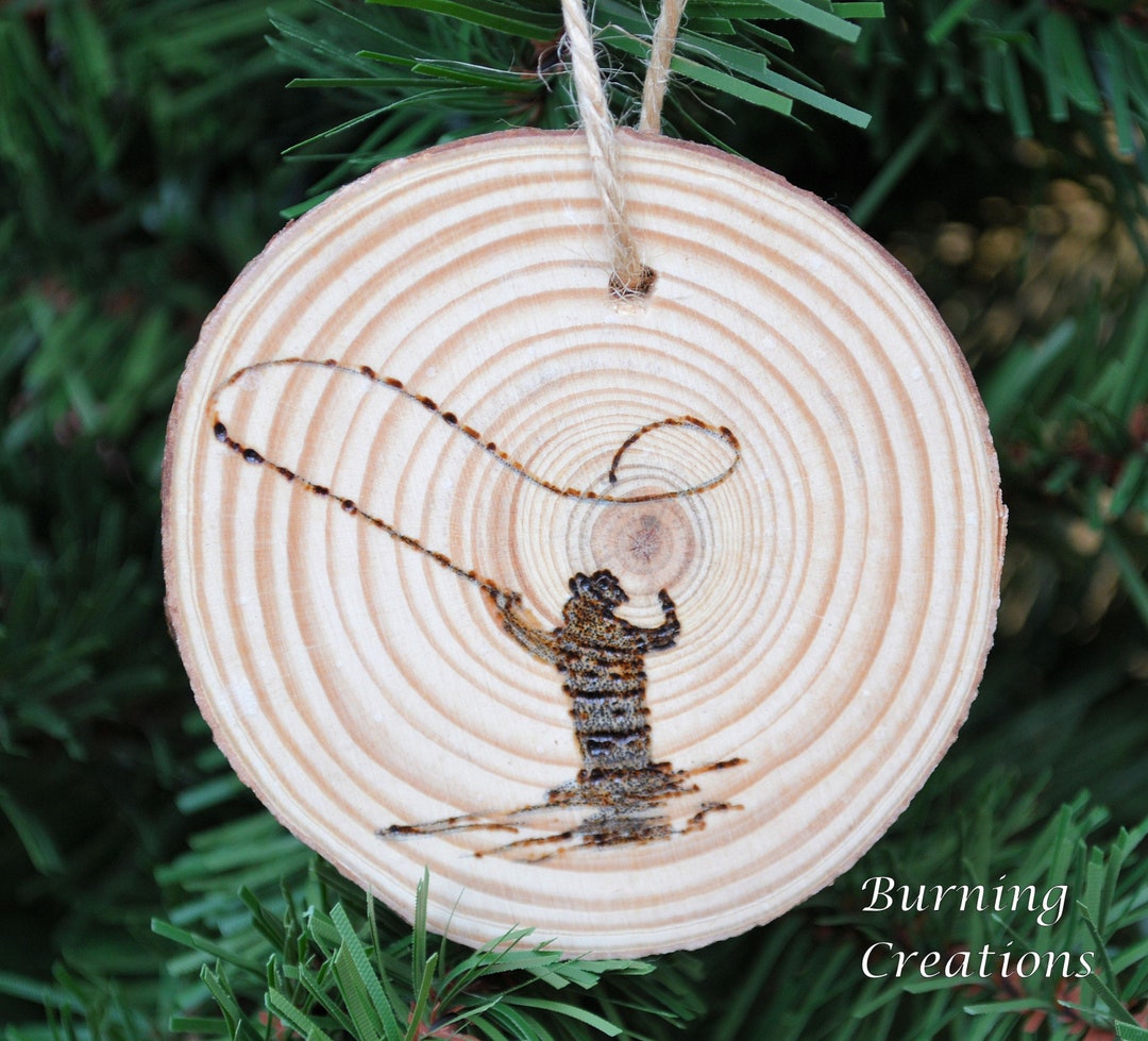 Fly Fishing Ornament, Pine Ornament, Pyrography, Wood Burned, Pine
