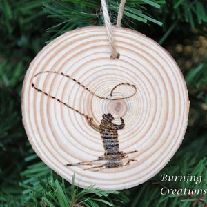 Fly Fishing Ornament, Pine Ornament, Pyrography, Wood Burned, Pine Wooden Ornament, Holiday Ornament, Gift, Rustic Ornament, Rustic