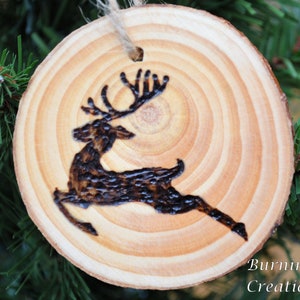 Reindeer Ornament, Pine Ornament, Pyrography, Wood Burned, Pine Wooden Ornament, Holiday Ornament, Gift, Rustic Ornament, Rustic, Deer, Buck image 1