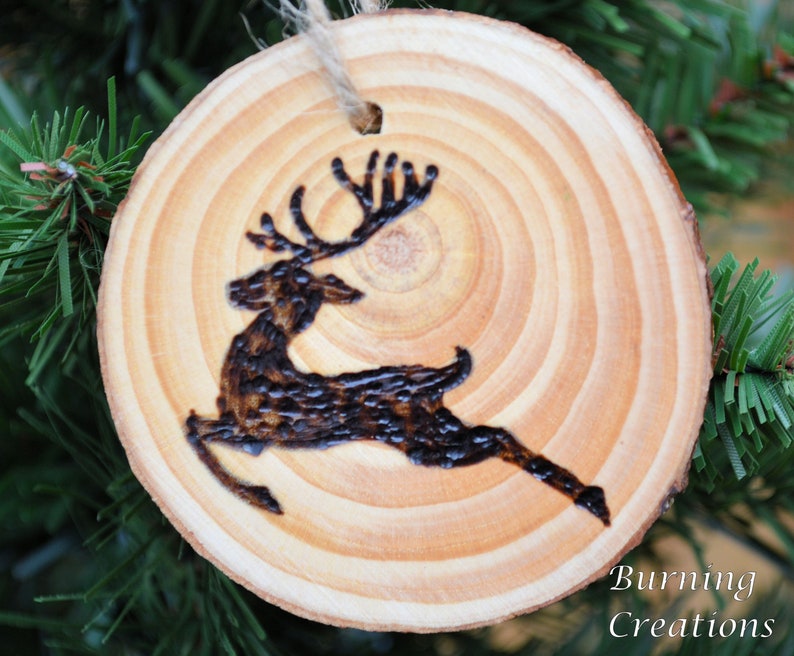 Reindeer Ornament, Pine Ornament, Pyrography, Wood Burned, Pine Wooden Ornament, Holiday Ornament, Gift, Rustic Ornament, Rustic, Deer, Buck image 1