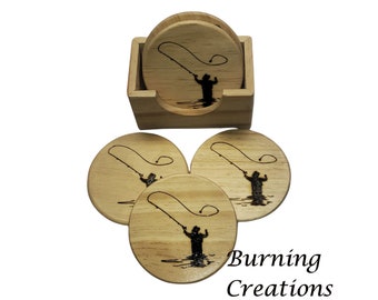 Fly Fishing Coaster Set, Pyrography, Wood Burned, Gift, Rustic, Coaster Set, Rustic Coaster Set, Wood Coasters, Coaster